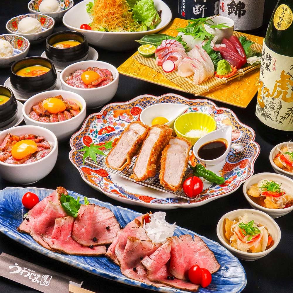 新登場【2時間飲み放題付】プレカツ・朝〆お刺身四種盛り・牛まぶし等[横綱コース]全8品
